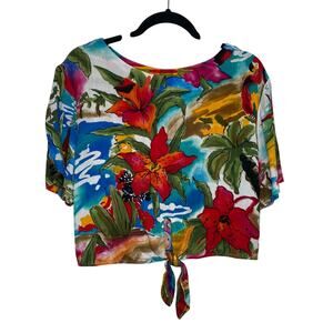 Vintage Carole Little Cropped Hawaii Floral TropicalCoconut Girl Tie front Top
